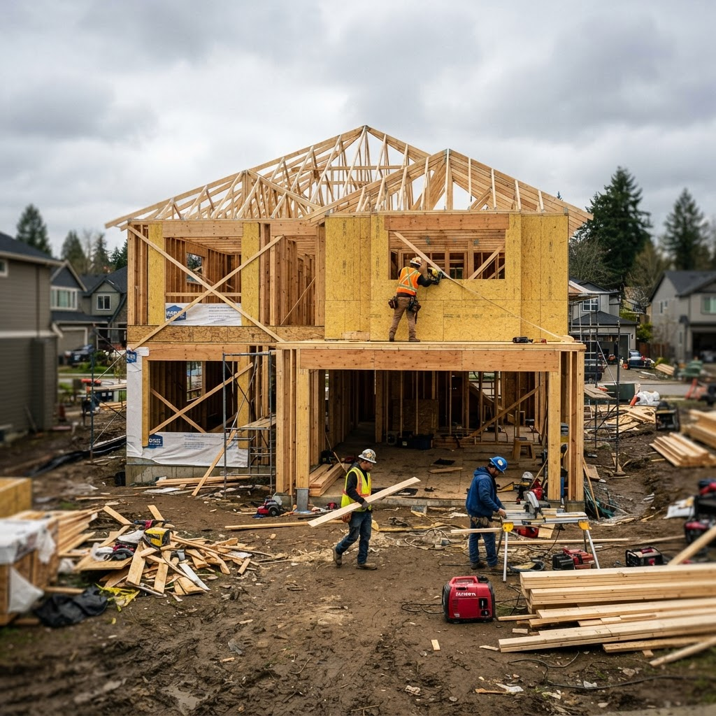 Active residential construction site in California's Central Valley