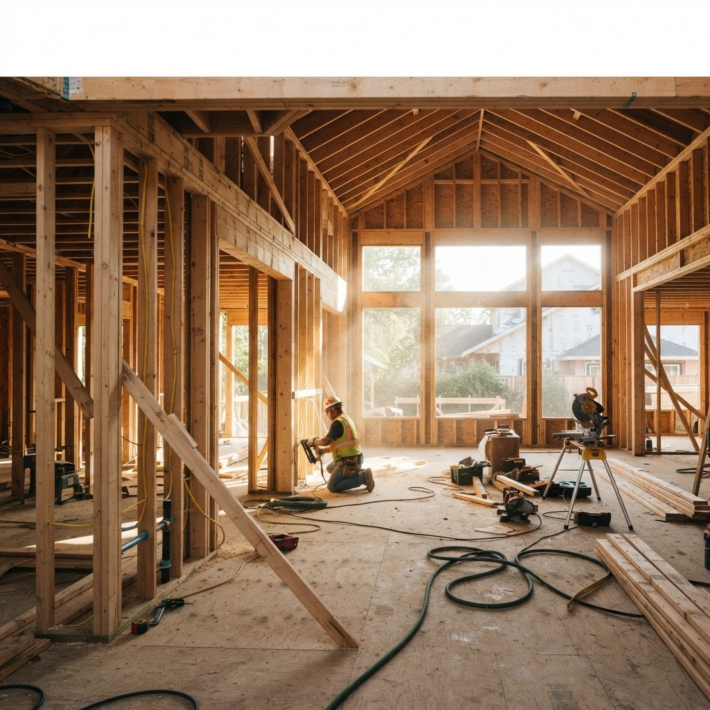 Interior of a home under construction with exposed framing